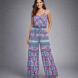 Printed Wide-Leg Jumpsuit in Blue & Pink